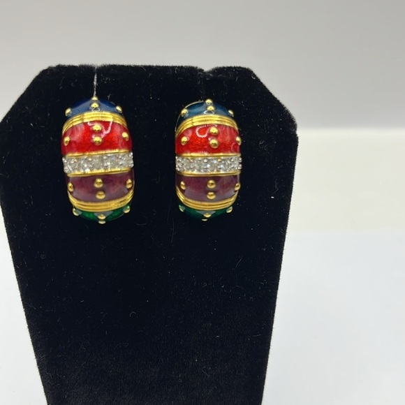 Joan Rivers Gold Tone Blue Red Maroon Green Enamel Pierced Earrings Rhinestones - Picture 2 of 8